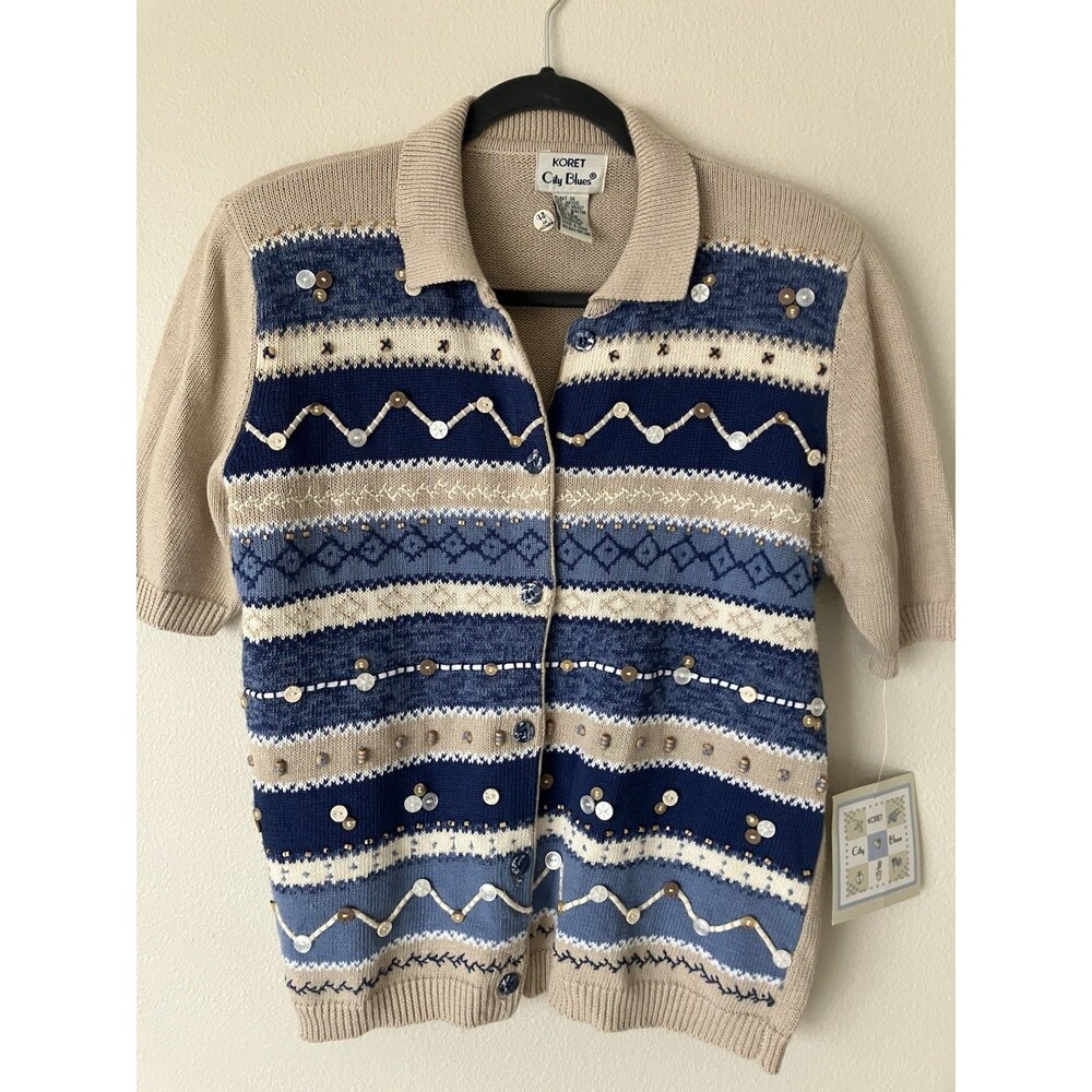 VTG Koret City Blues Sweater Striped Embellished Button Grannycore Teacher Med